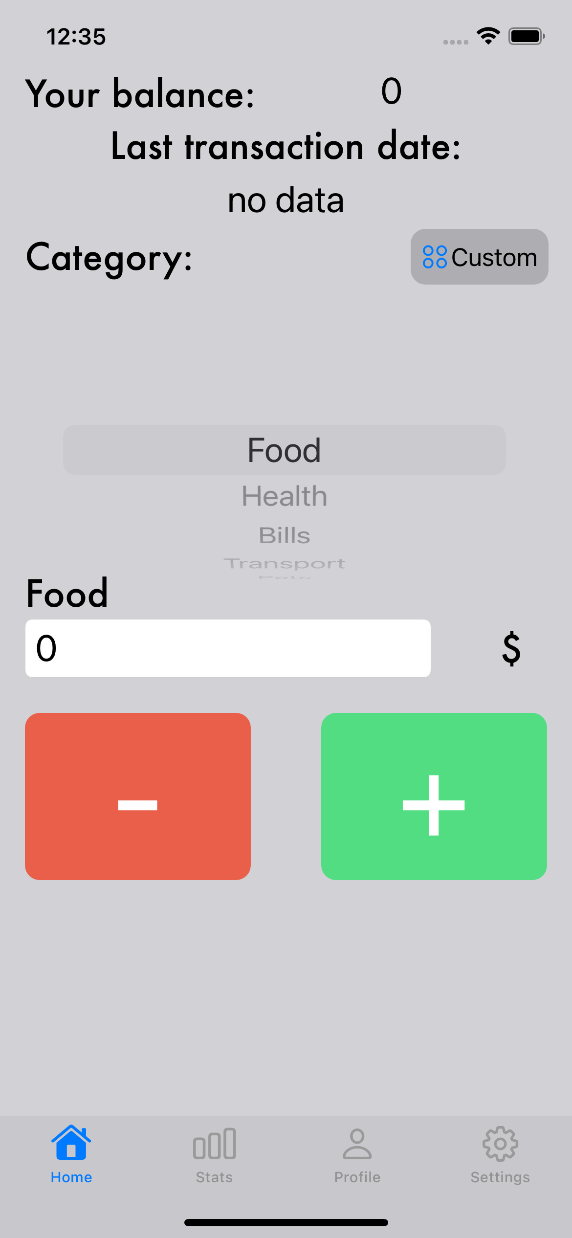 FinTrack early simulator build showing balance, category selection, amount entry, and income and expense controls