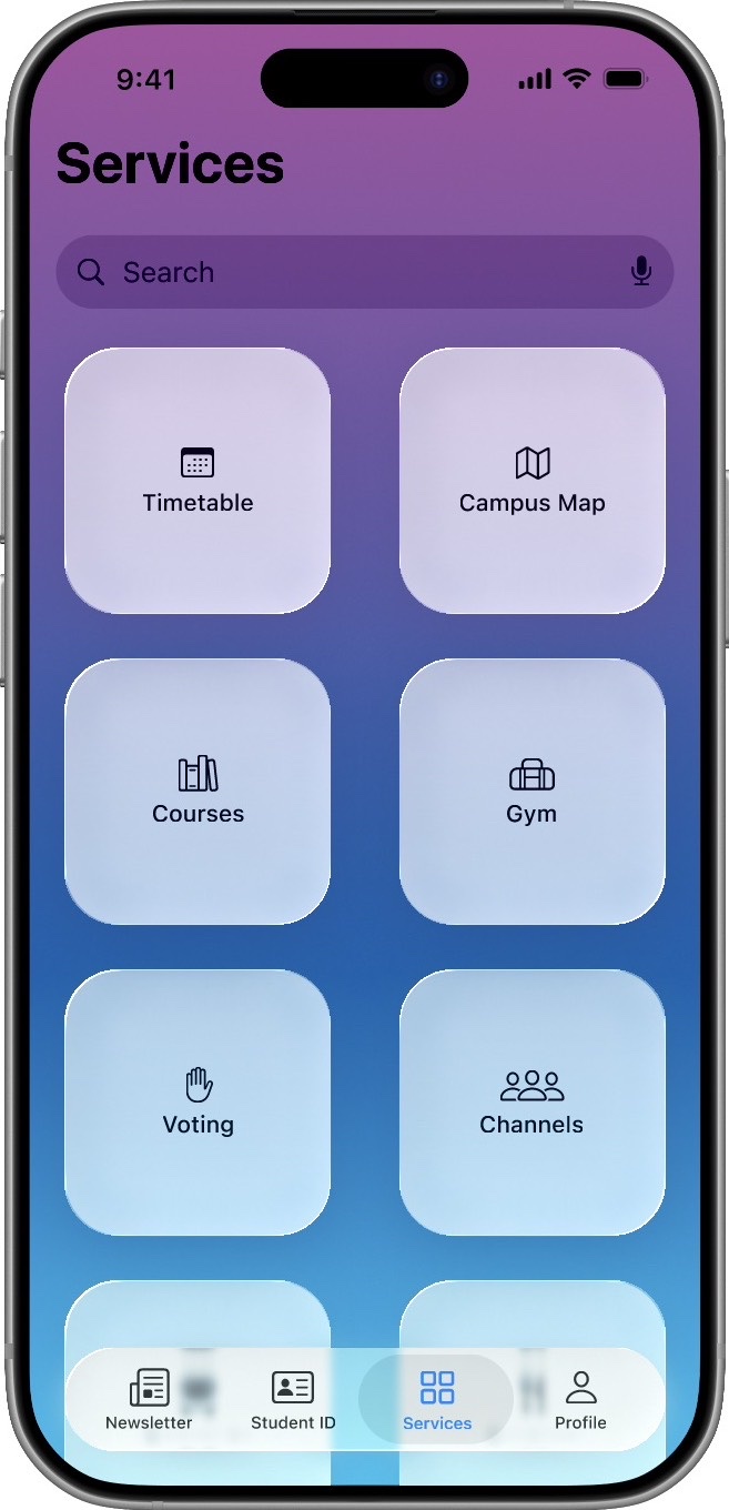 University App services screen showing timetable, campus map, courses, gym, voting, and channels
